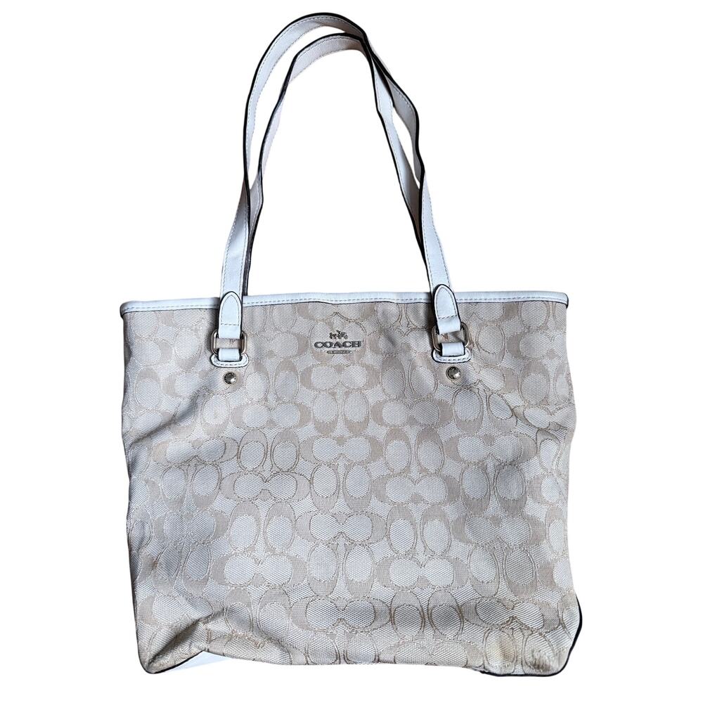 Authentic Coach Signature Monogram Tote Bag - Beige & White